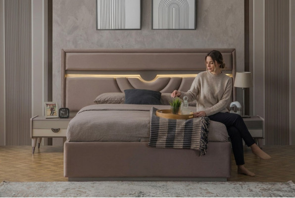 Tweepersoons slaapkamer bed nachtkastjes beige set 3-delig bedlade