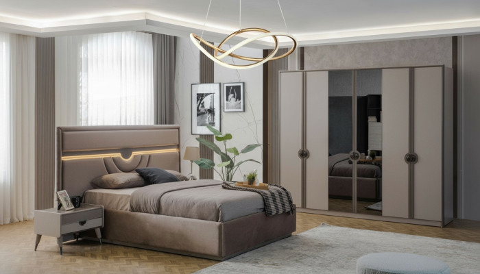 Tweepersoonsbed Complete slaapkamermeubels Bed Nachtkastjes Beige 4 delig