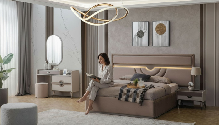 Garnituur tweepersoonsbed bed nachtkastjes beige 6-delig kaptafel modern