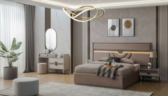 Garnituur tweepersoonsbed bed nachtkastjes beige 6-delig kaptafel modern