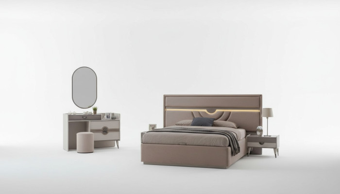 Garnituur tweepersoonsbed bed nachtkastjes beige 6-delig kaptafel modern