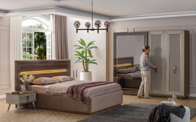 Beige slaapkamer set Moderne tweepersoonsbed Glazen kledingkast 4-delig