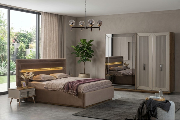 Beige slaapkamer set Moderne tweepersoonsbed Glazen kledingkast 4-delig
