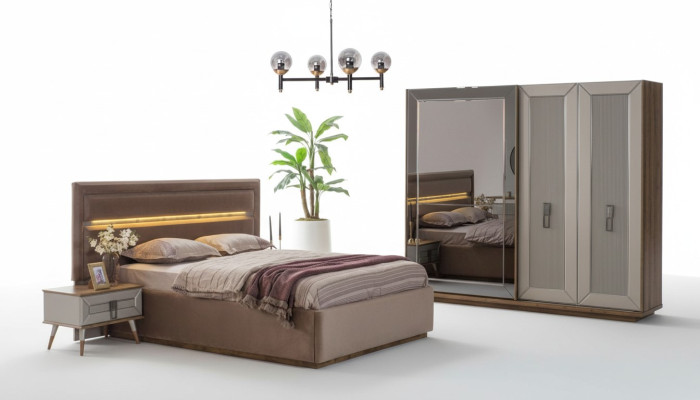 Beige slaapkamer set Moderne tweepersoonsbed Glazen kledingkast 4-delig