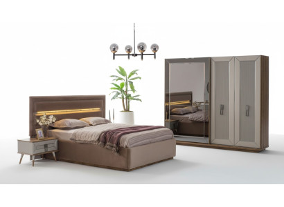 Beige slaapkamer set Moderne tweepersoonsbed Glazen kledingkast 4-delig