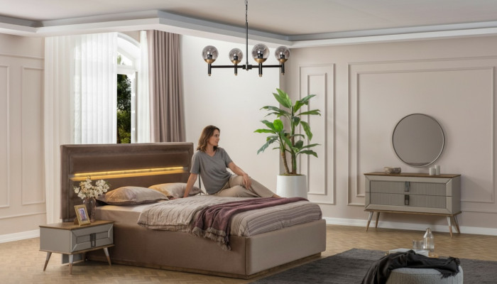 Beige slaapkamer luxe meubels ontwerper tweepersoonsbed 2x nachtkastjes 5-delig