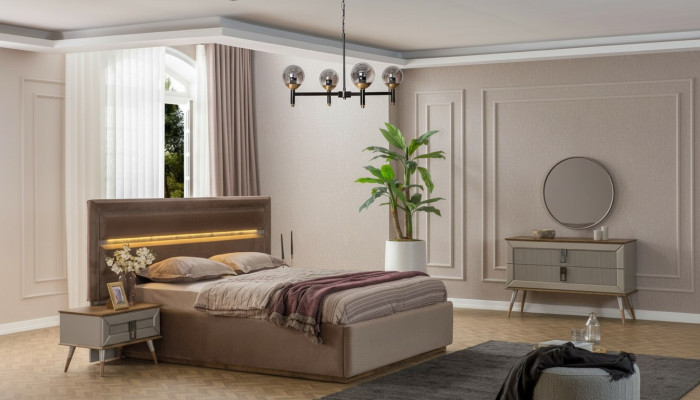 Beige slaapkamer luxe meubels ontwerper tweepersoonsbed 2x nachtkastjes 5-delig