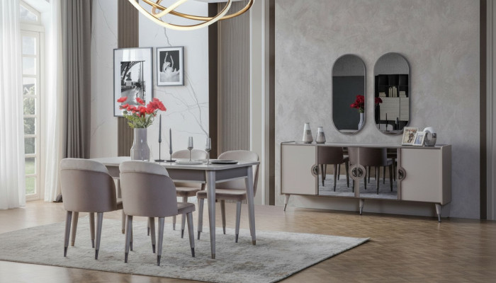 Grijze eetkamerset Eetkamerstoelen Uitschuifbare tafel Buffetkast