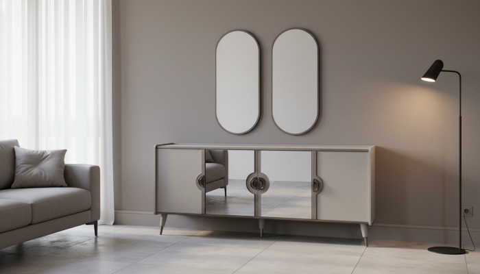 Grijze meubelset Ontwerper 4-deurs dressoir Exclusieve spiegel 3-delige