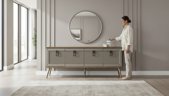 Robuuste dressoir, ontwerper sideboard, luxueuze ronde spiegelkast 2-delig.