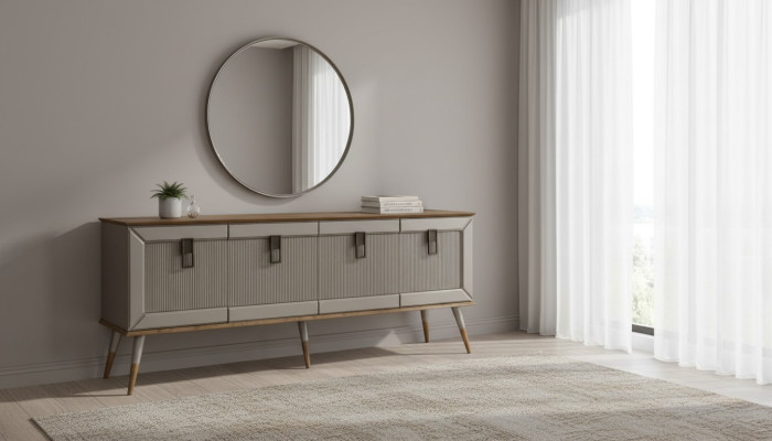 Robuuste dressoir, ontwerper sideboard, luxueuze ronde spiegelkast 2-delig.
