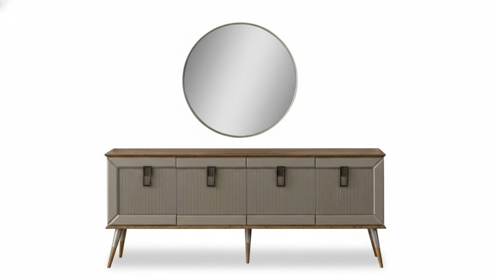 Robuuste dressoir, ontwerper sideboard, luxueuze ronde spiegelkast 2-delig.