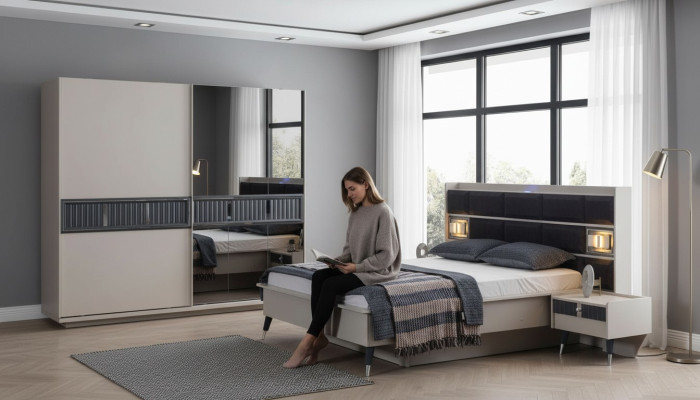Grijze slaapkamermeubels Ontwerpbed 2 nachtkastjes Houten kast 4-delig