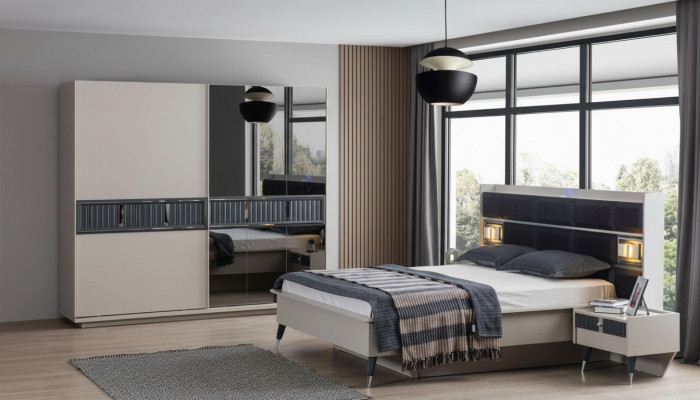 Grijze slaapkamermeubels Ontwerpbed 2 nachtkastjes Houten kast 4-delig