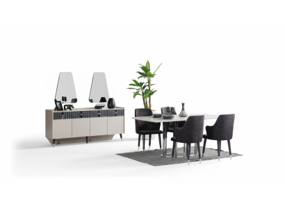 Moderne eethoek Rechthoekige eettafel 6 stoelen Dressoir 2 spiegels