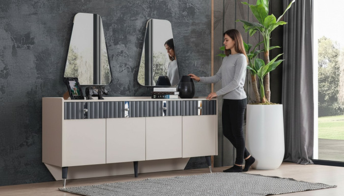 Complete set Designer Beige dressoir Sideboard 2x spiegel 3-delige set.