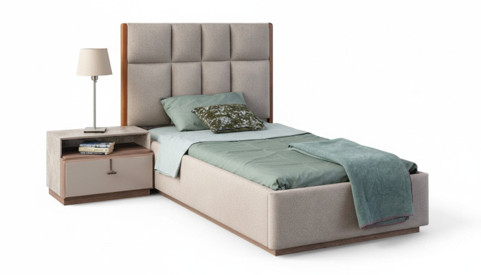 Beige kinderkamerset ontwerper eenpersoonsbed hout nachtkastje 2-delige set