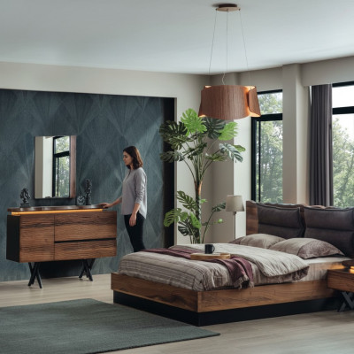 Moderne houten slaapkamermeubelset, designer tweepersoonsbed, nachtkastje 5-delig.