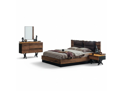 Moderne houten slaapkamermeubelset, designer tweepersoonsbed, nachtkastje 5-delig.