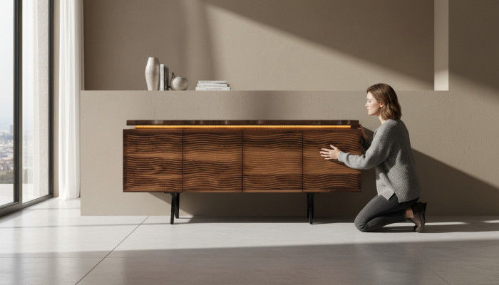 Ontwerper Bruine houten ladekast Luxueus dressoir Eetkamer houten kast