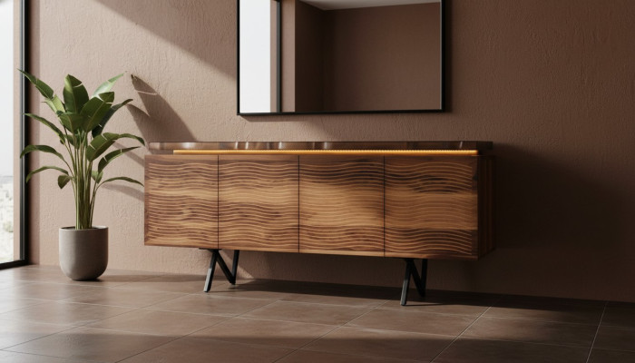 Ontwerper Bruine houten ladekast Luxueus dressoir Eetkamer houten kast