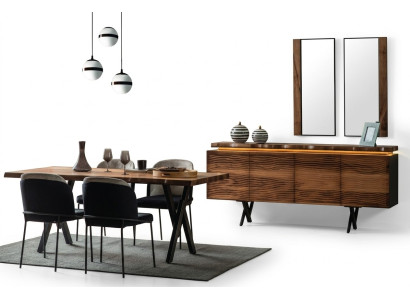 Volledige bruin-zwarte eetkamerset Designer houten eettafel gestoffeerde stoelen