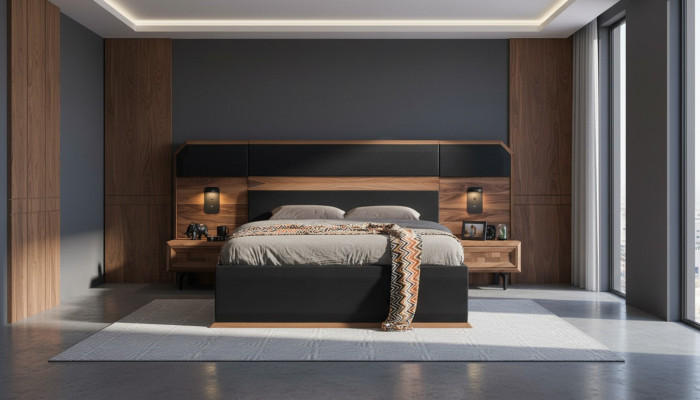 Bruin-zwarte houten slaapkamer set; tweepersoonsbed, 2 nachtkastjes, 3-delig.
