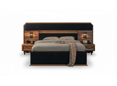 Bruin-zwarte houten slaapkamer set; tweepersoonsbed, 2 nachtkastjes, 3-delig.