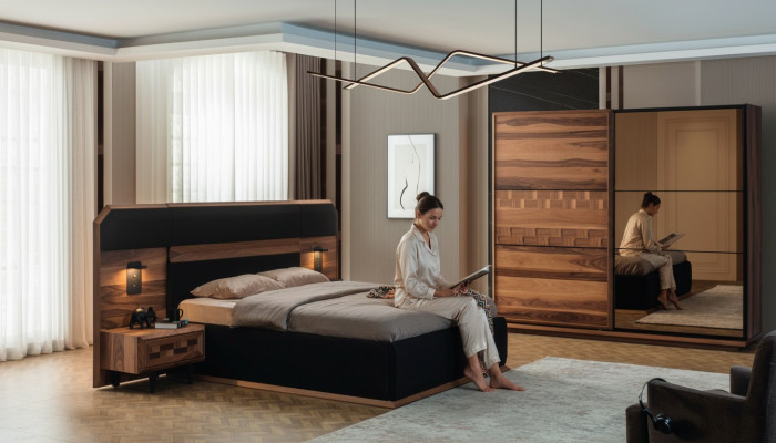 Exquise slaapkamer set Elegante tweepersoonsbed 2x houten nachtkastjes