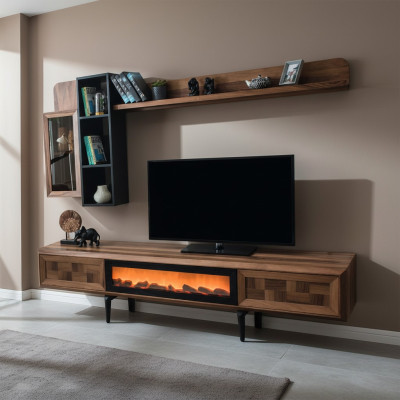 Bruine woonkamer wandmeubel ontwerper tv-standaard RTV houten planken LED