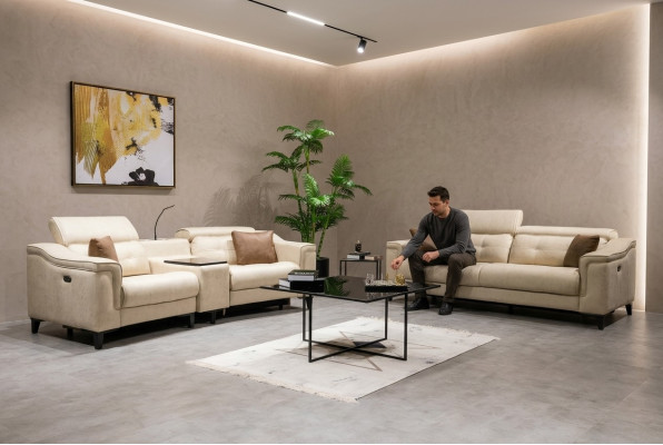 Beige leren bankstel ontwerper 3-zits tweezits bank 2-delige set
