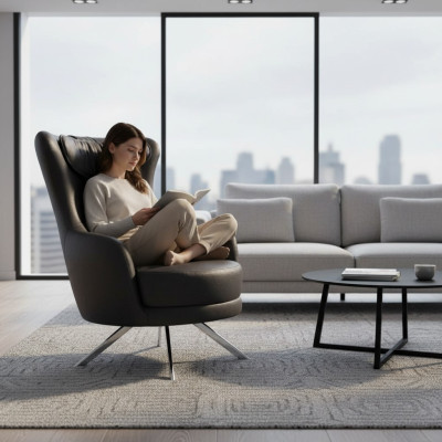 Zwarte leren fauteuil met hoge rugleuning Woonkamer Luxe eenzits meubilair.