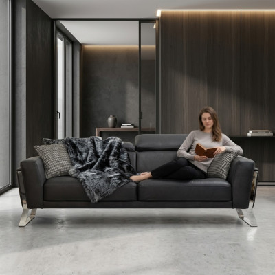 Zwarte woonkamer driezits designerbank luxe lederen 3-zits meubels
