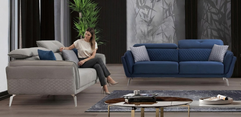 Ontwerper Gewatteerde Bankstel Blauw-Grijze Stoffen Bankstel Luxe 2x 3-Zits