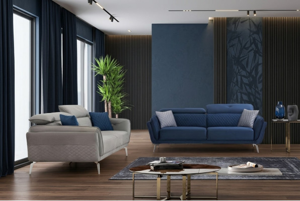 Ontwerper Gewatteerde Bankstel Blauw-Grijze Stoffen Bankstel Luxe 2x 3-Zits