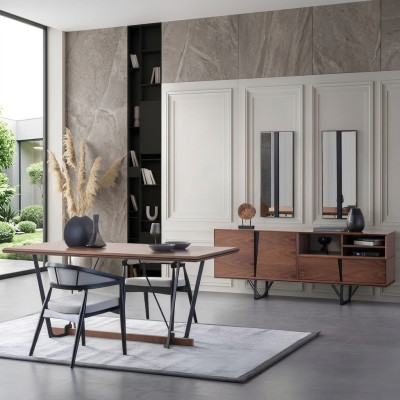 Groep eetkamer eettafel set 2-delig dressoir eettafel bruin hout