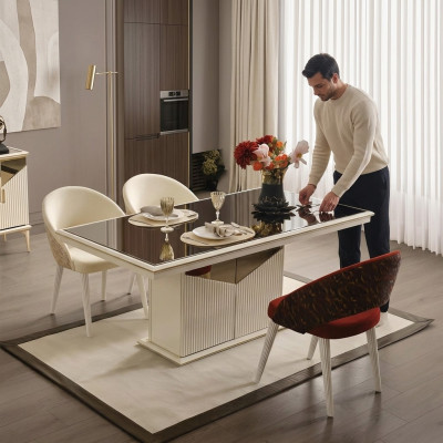 Eettafel Tafel Tafel Eethoek Beige Hout Goud Luxe