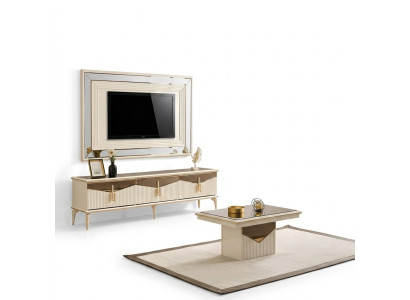 Woonkamer TV-standaard muurpaneel salontafel RTV Lowboard goud 3-delig beige