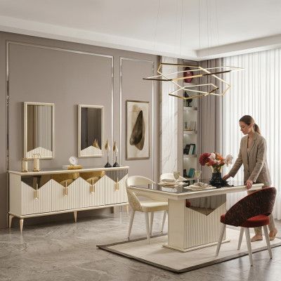 Compleet eetkamer eettafel 2-delig dressoir eettafel Goud Hout