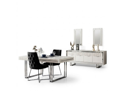 Volledige eettafel met 2 delen dressoir, uittrekbaar eettafel van wit hout.