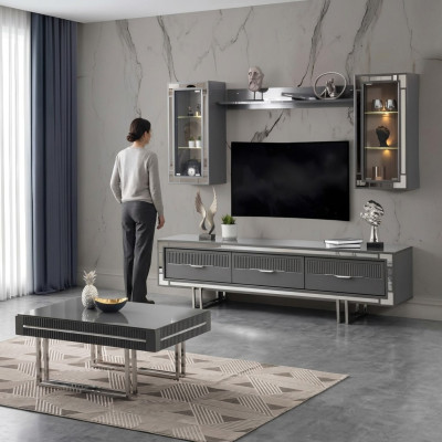 Wandmeubel tv-standaard kast salontafel RTV lowboard grijs set 3-delig.