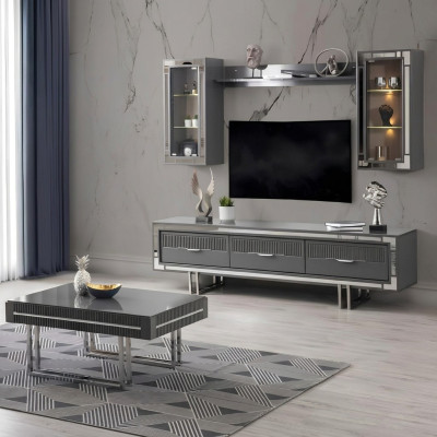 Wandmeubel tv-standaard kast salontafel RTV lowboard grijs set 3-delig.