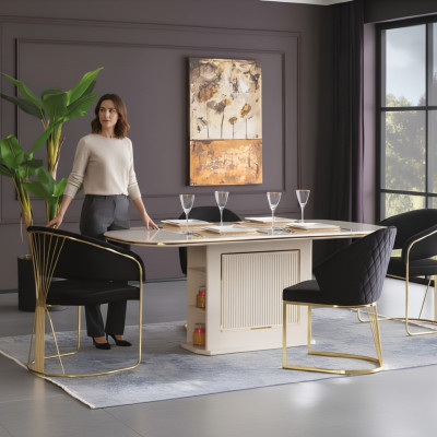 Complete eetkamer luxe eetgroep eettafel stoelen 5-delig beige eethoek