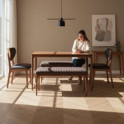 Eetkamerset hout eetkamer eettafel stoelen 6-delig bruin eethoek bank stof