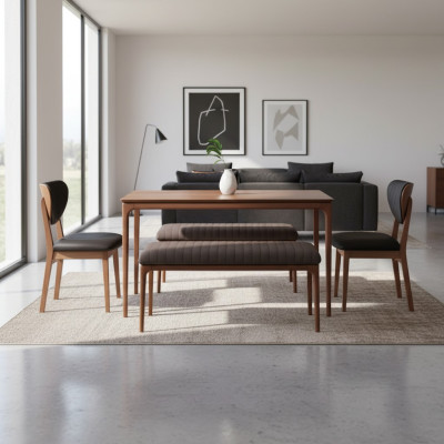 Eetkamerset hout eetkamer eettafel stoelen 6-delig bruin eethoek bank stof