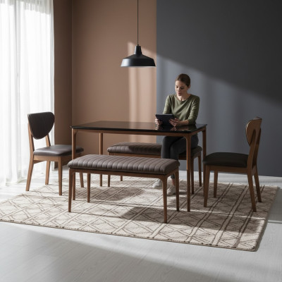 Stel eetkamer eettafel hout stoelen 4-delig bruin eethoek bank stof
