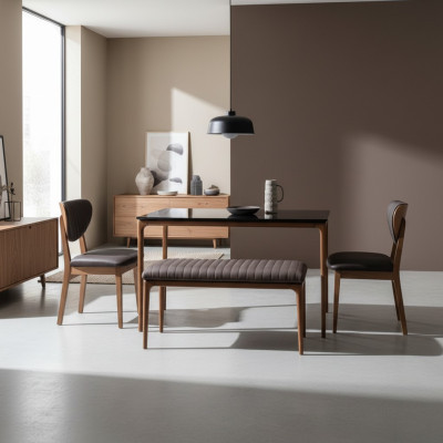Stel eetkamer eettafel hout stoelen 4-delig bruin eethoek bank stof