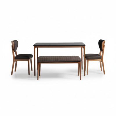 Stel eetkamer eettafel hout stoelen 4-delig bruin eethoek bank stof