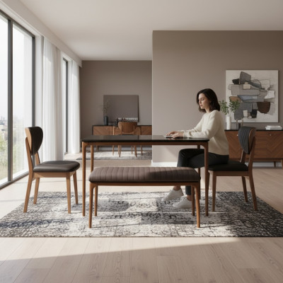 Eethoek Eetgroep Eetkamer Eettafel Stoelen 6-delig Bruin Bank Stof Hout
