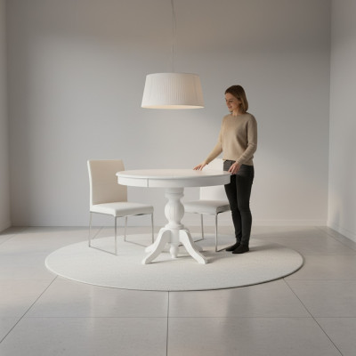 Uitbreidbare eettafel van wit houten eettafel.